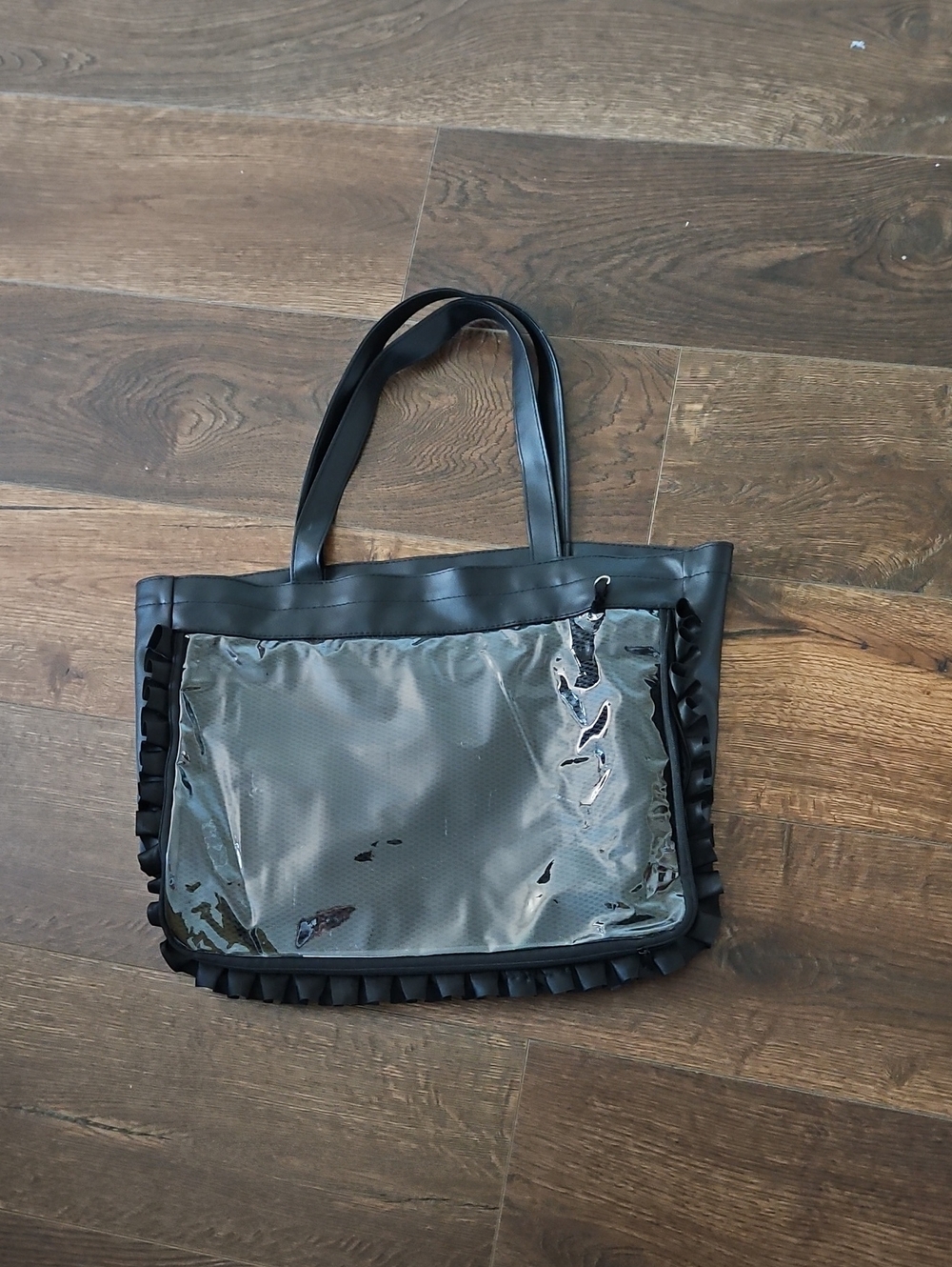 Black Clear Panel Tote Bag with Ruffle Trim